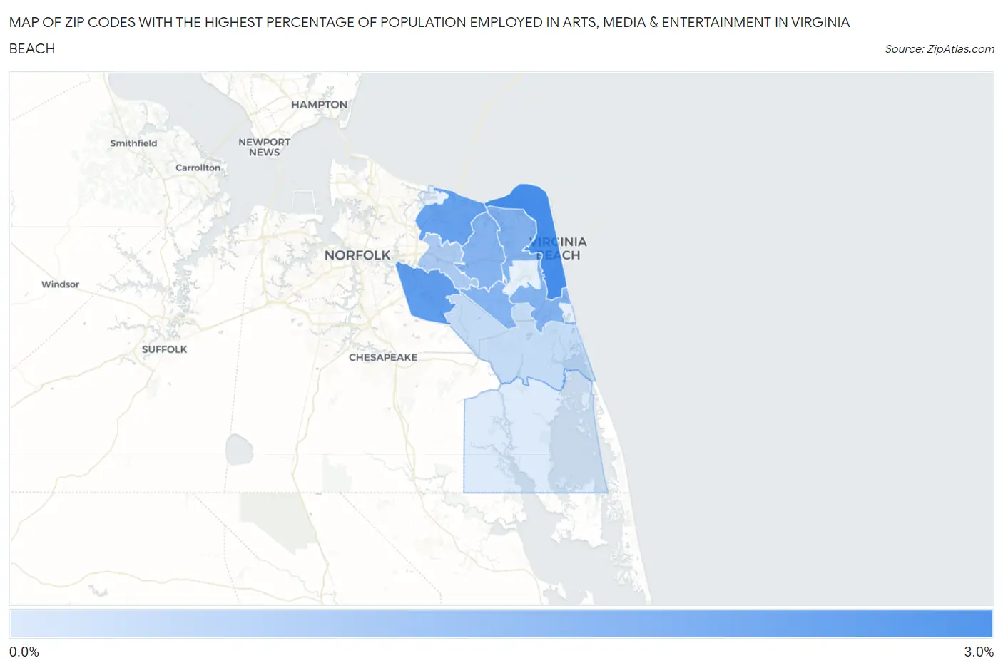 Zip Codes with the Highest Percentage of Population Employed in Arts, Media & Entertainment in Virginia Beach Map