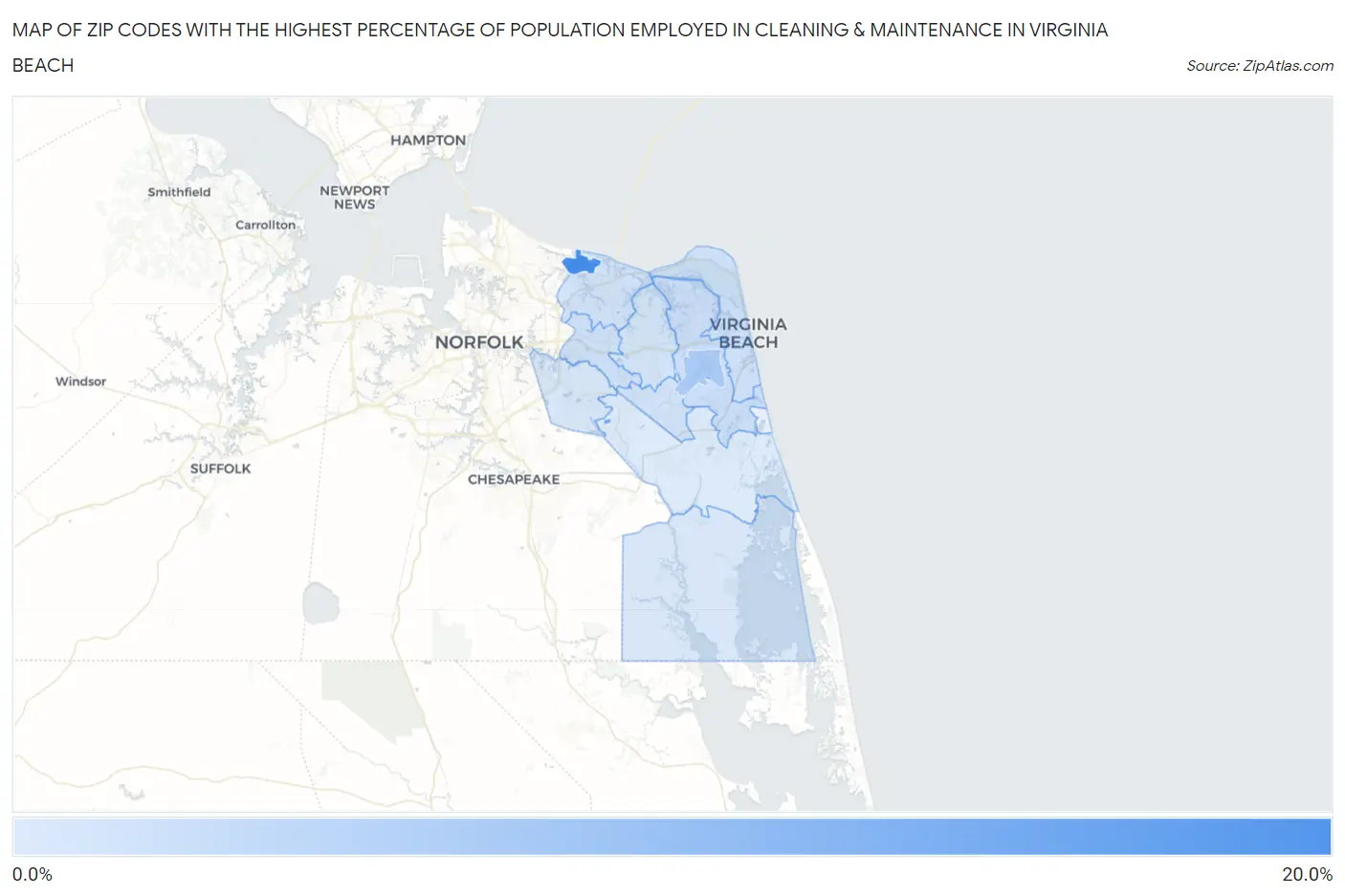 Zip Codes with the Highest Percentage of Population Employed in Cleaning & Maintenance in Virginia Beach Map