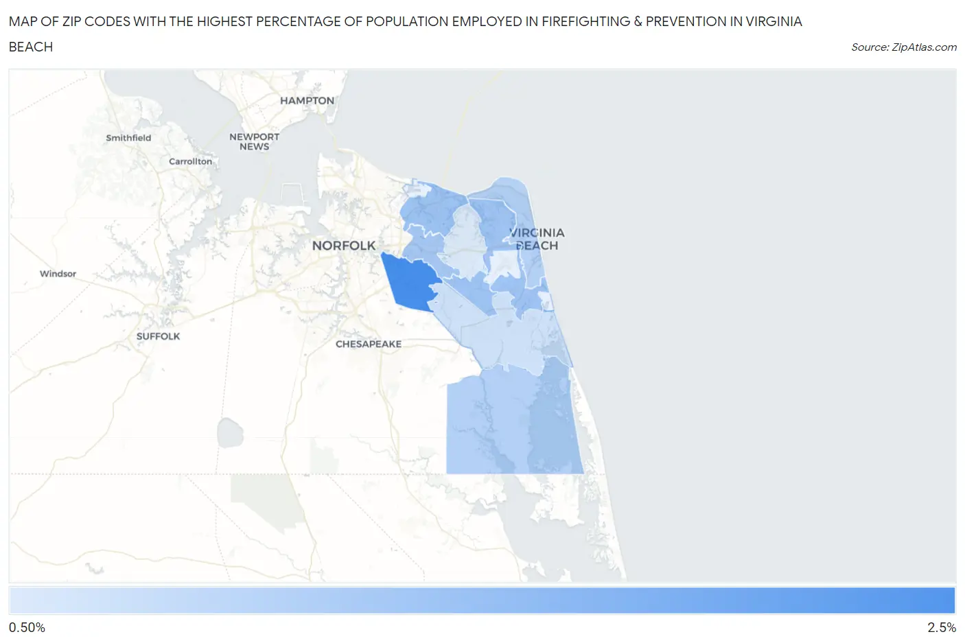Zip Codes with the Highest Percentage of Population Employed in Firefighting & Prevention in Virginia Beach Map