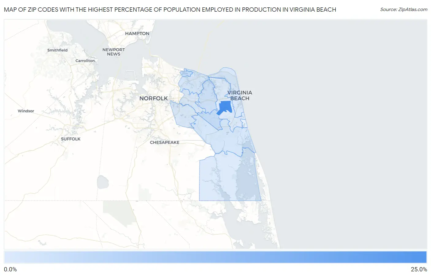 Zip Codes with the Highest Percentage of Population Employed in Production in Virginia Beach Map