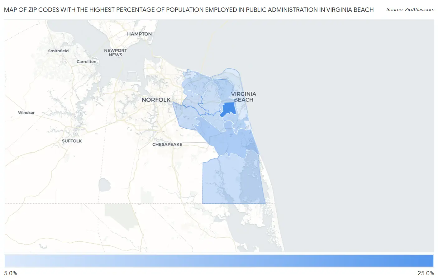 Zip Codes with the Highest Percentage of Population Employed in Public Administration in Virginia Beach Map