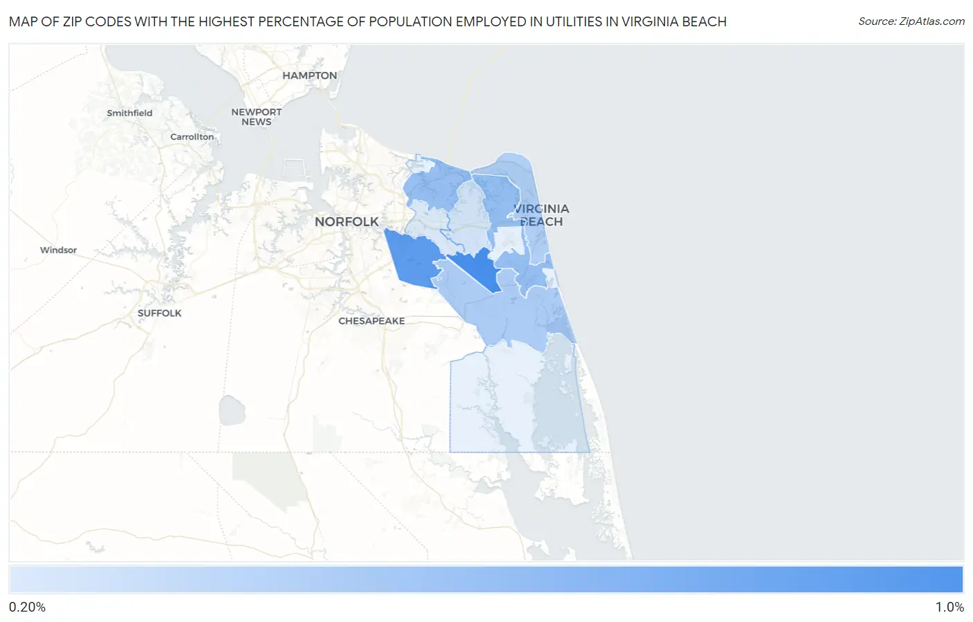 Zip Codes with the Highest Percentage of Population Employed in Utilities in Virginia Beach Map