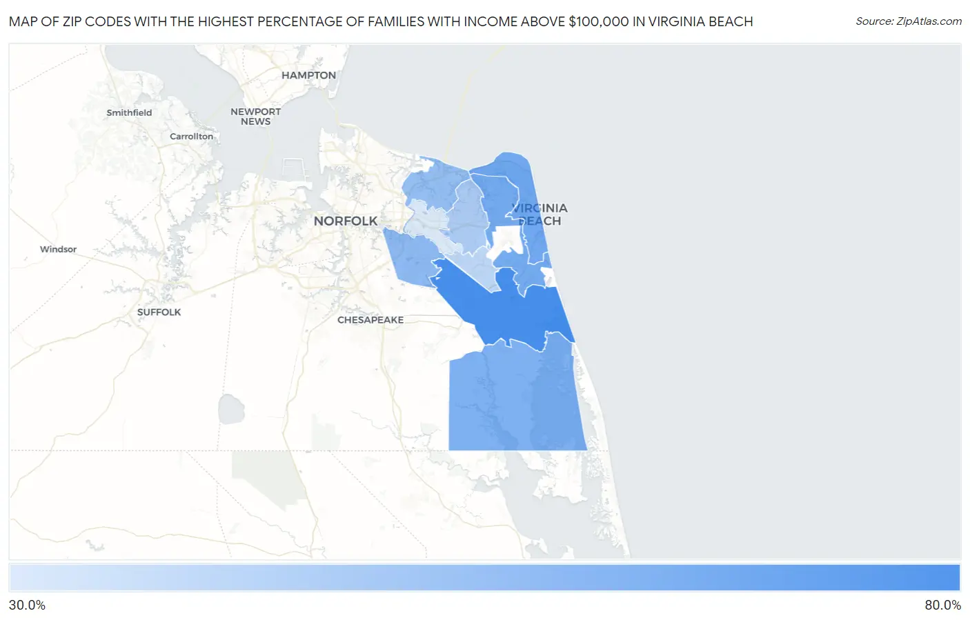 Zip Codes with the Highest Percentage of Families with Income Above $100,000 in Virginia Beach Map