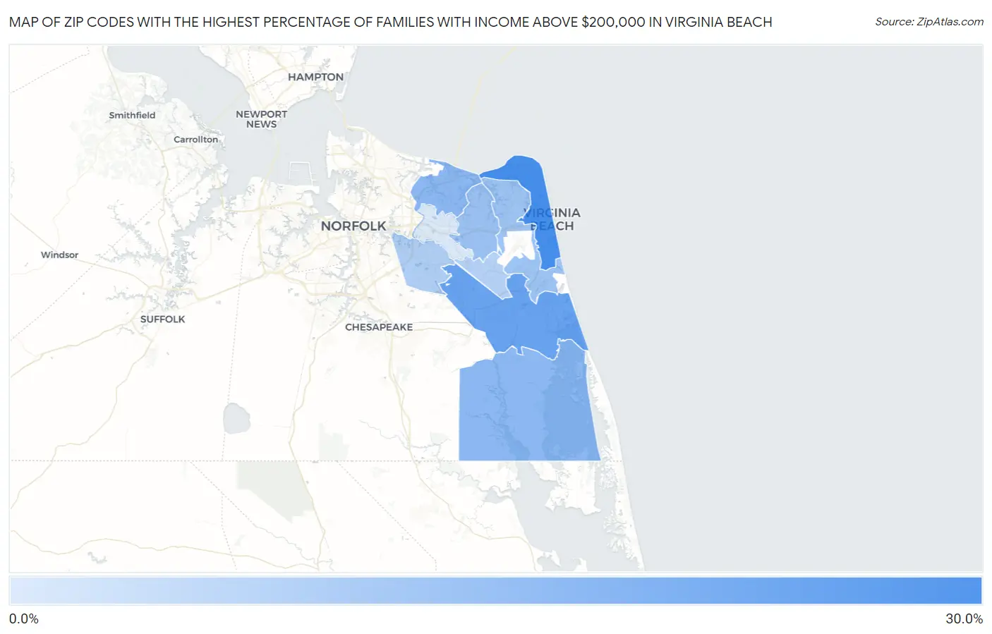 Zip Codes with the Highest Percentage of Families with Income Above $200,000 in Virginia Beach Map