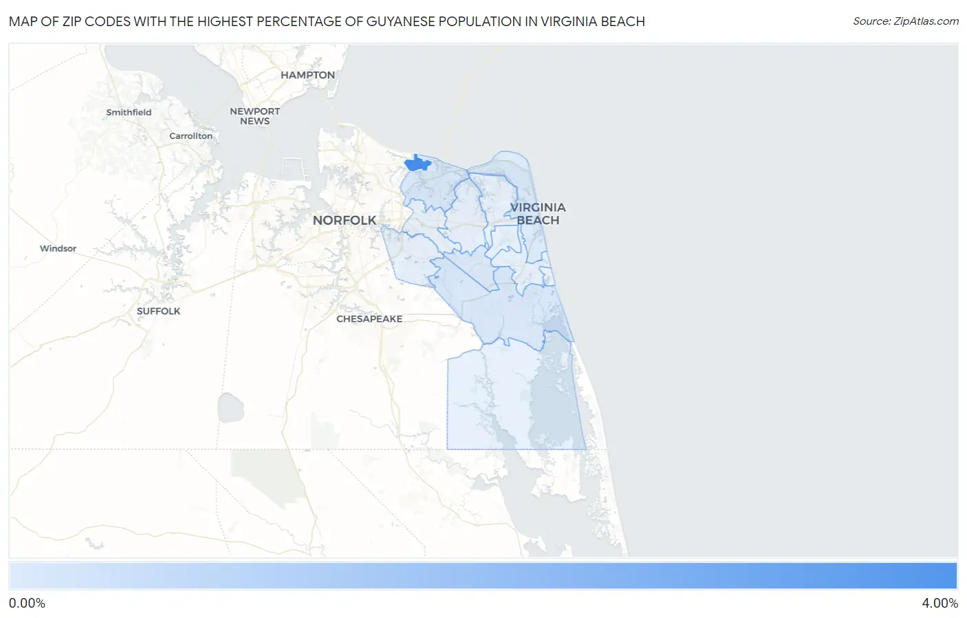 Zip Codes with the Highest Percentage of Guyanese Population in Virginia Beach Map