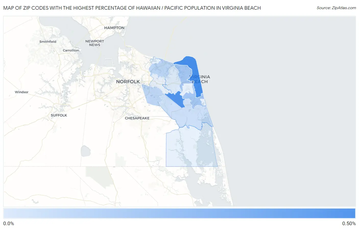 Zip Codes with the Highest Percentage of Hawaiian / Pacific Population in Virginia Beach Map