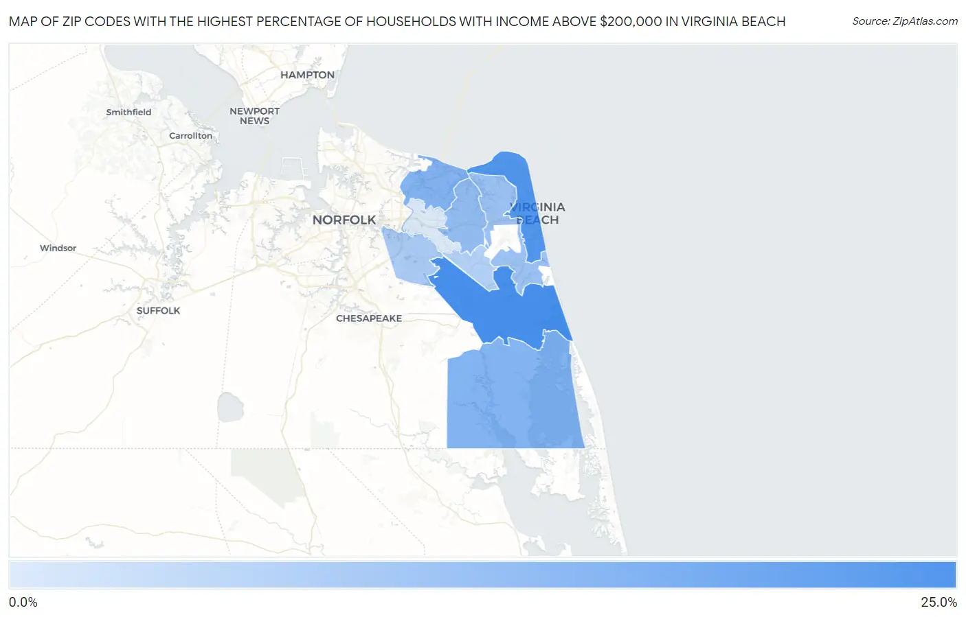 Zip Codes with the Highest Percentage of Households with Income Above $200,000 in Virginia Beach Map