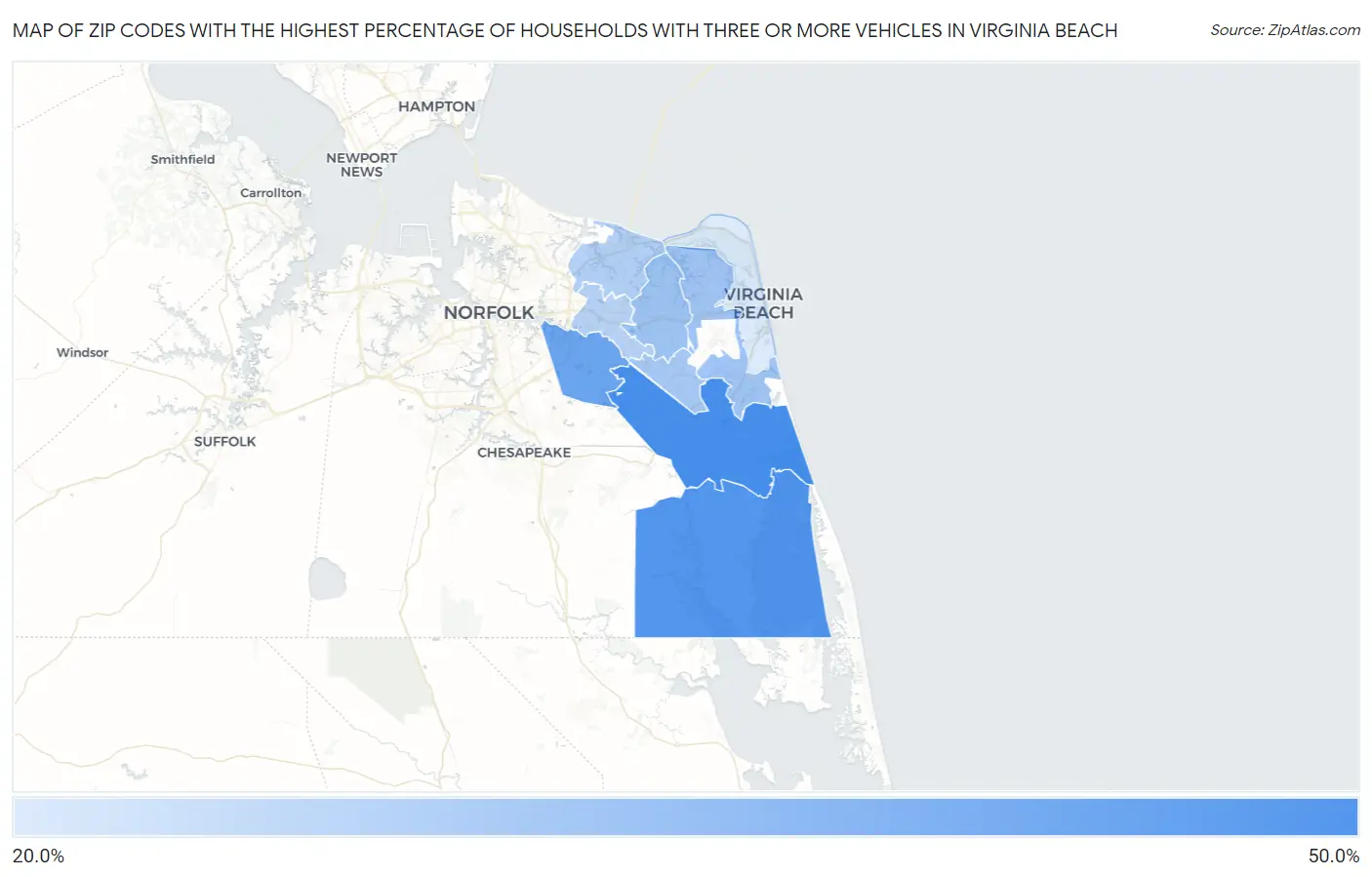 Zip Codes with the Highest Percentage of Households With Three or more Vehicles in Virginia Beach Map