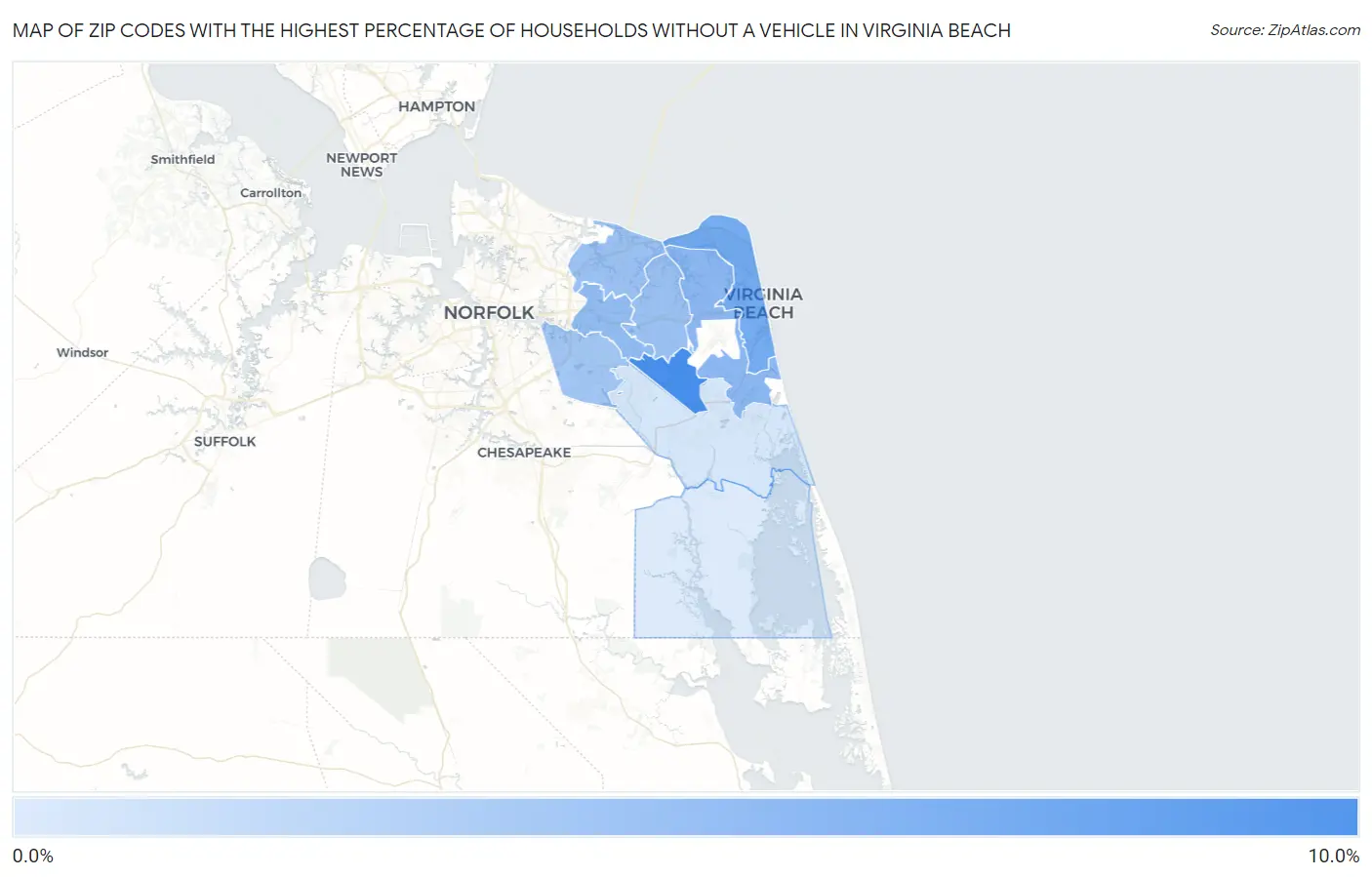 Zip Codes with the Highest Percentage of Households Without a Vehicle in Virginia Beach Map