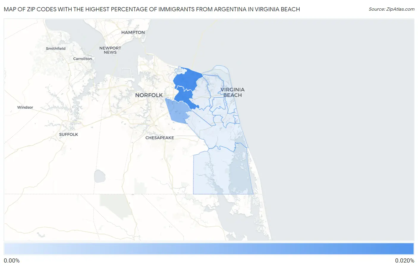 Zip Codes with the Highest Percentage of Immigrants from Argentina in Virginia Beach Map