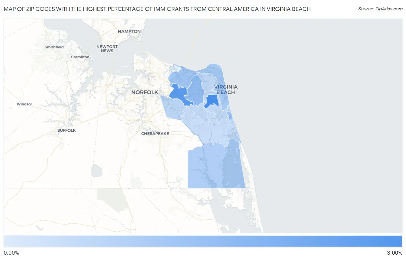 Zip Codes with the Highest Percentage of Immigrants from Central America in Virginia Beach Map