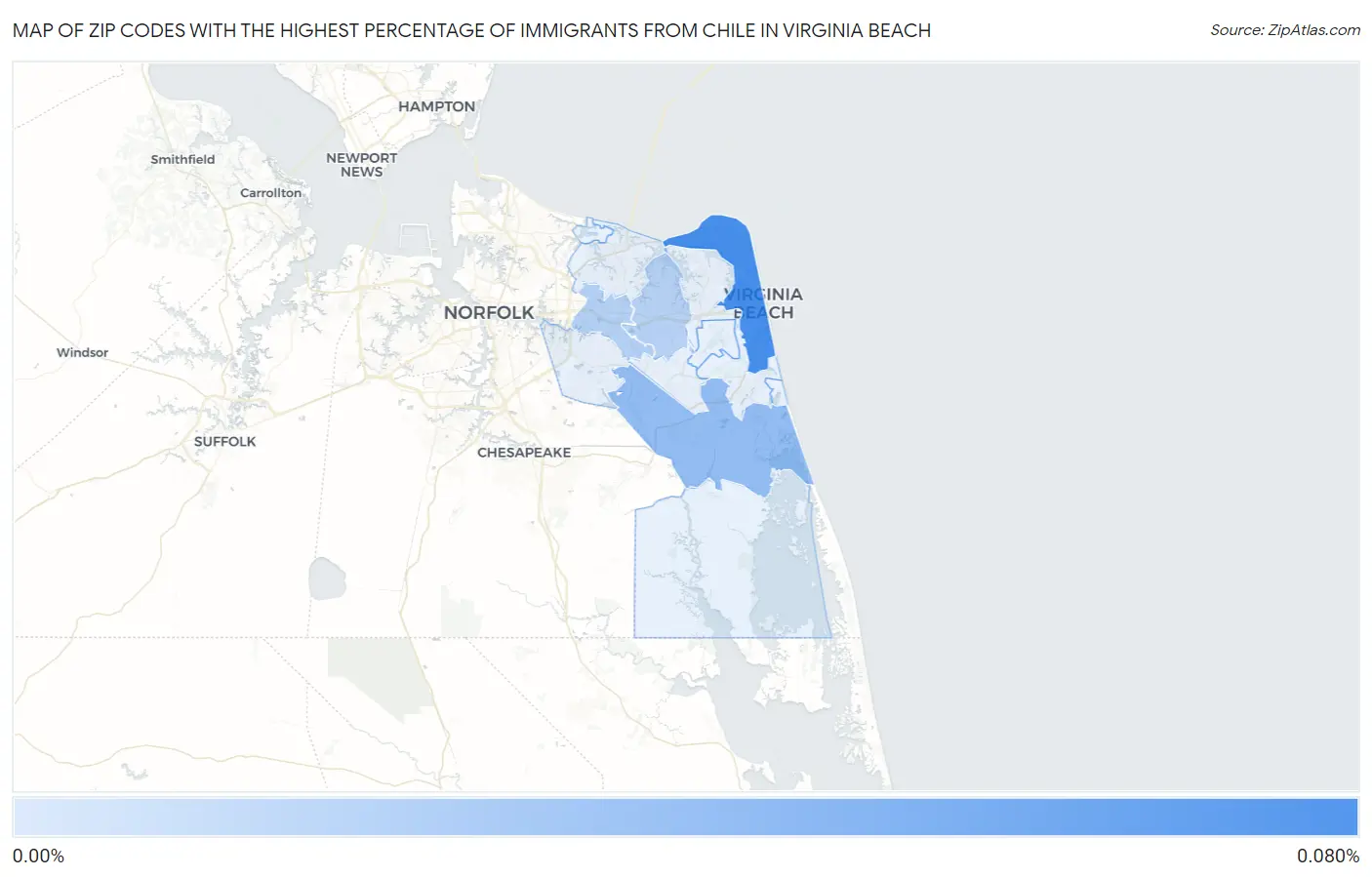 Zip Codes with the Highest Percentage of Immigrants from Chile in Virginia Beach Map