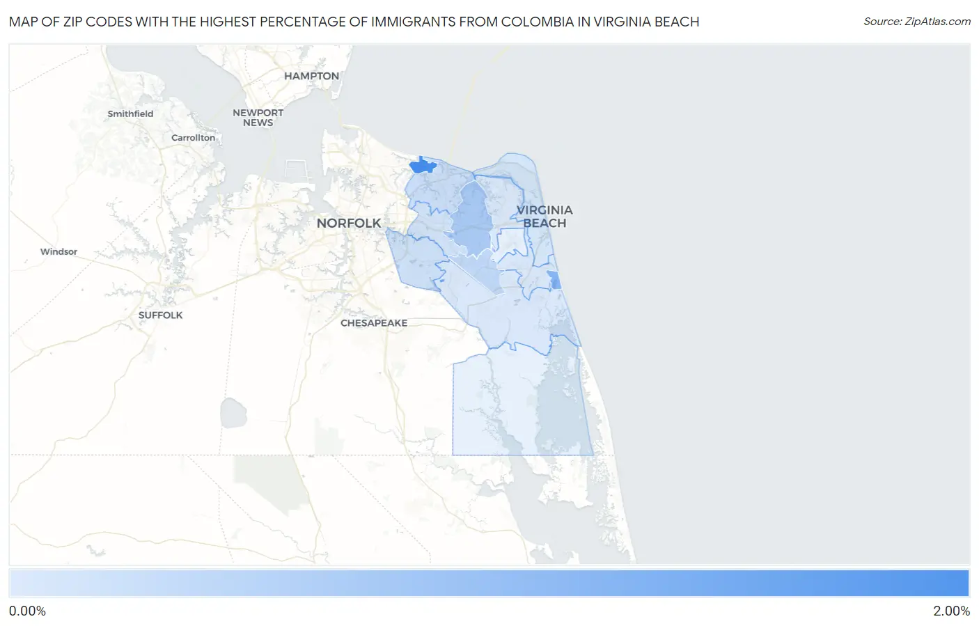 Zip Codes with the Highest Percentage of Immigrants from Colombia in Virginia Beach Map