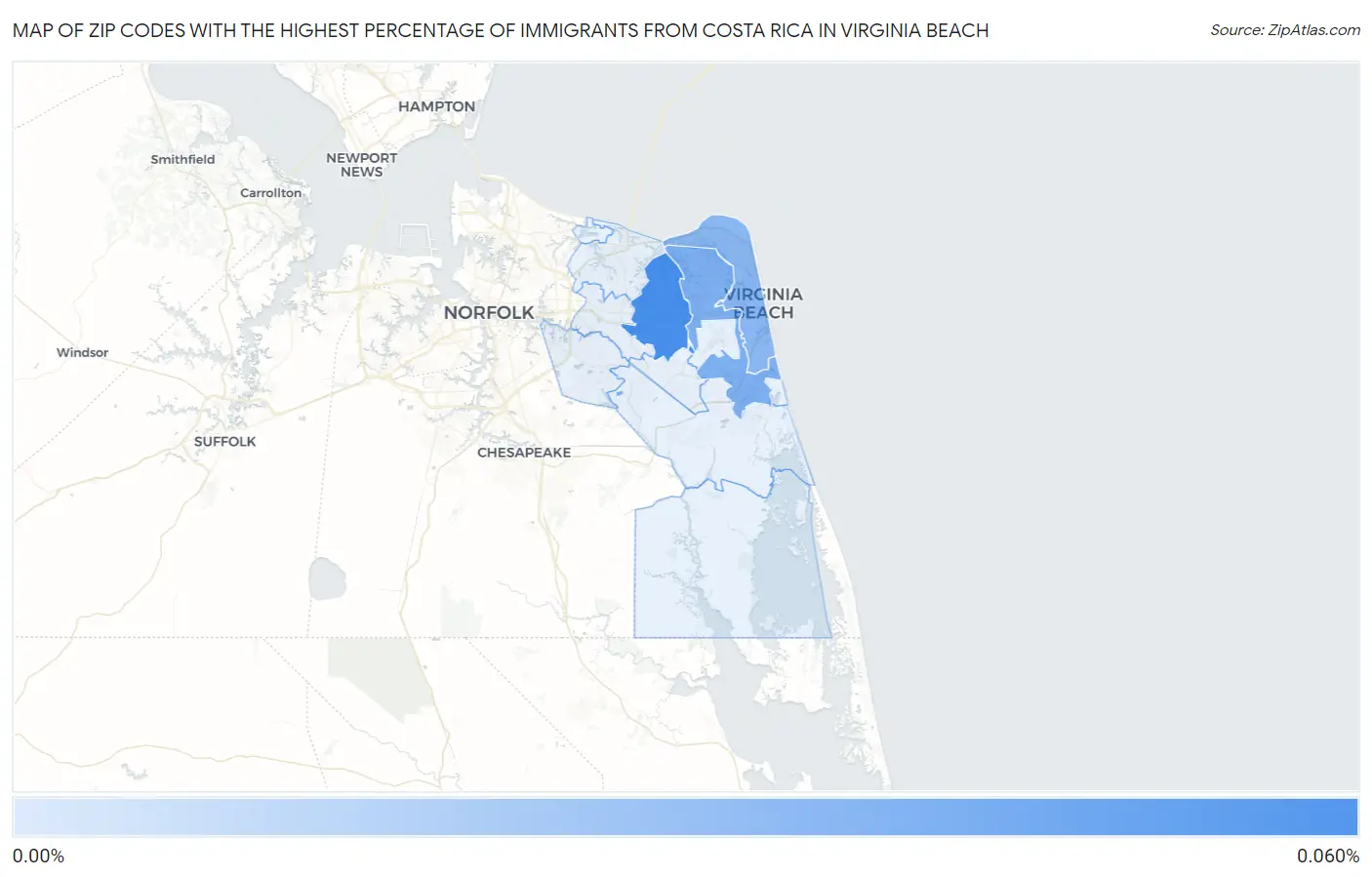 Zip Codes with the Highest Percentage of Immigrants from Costa Rica in Virginia Beach Map