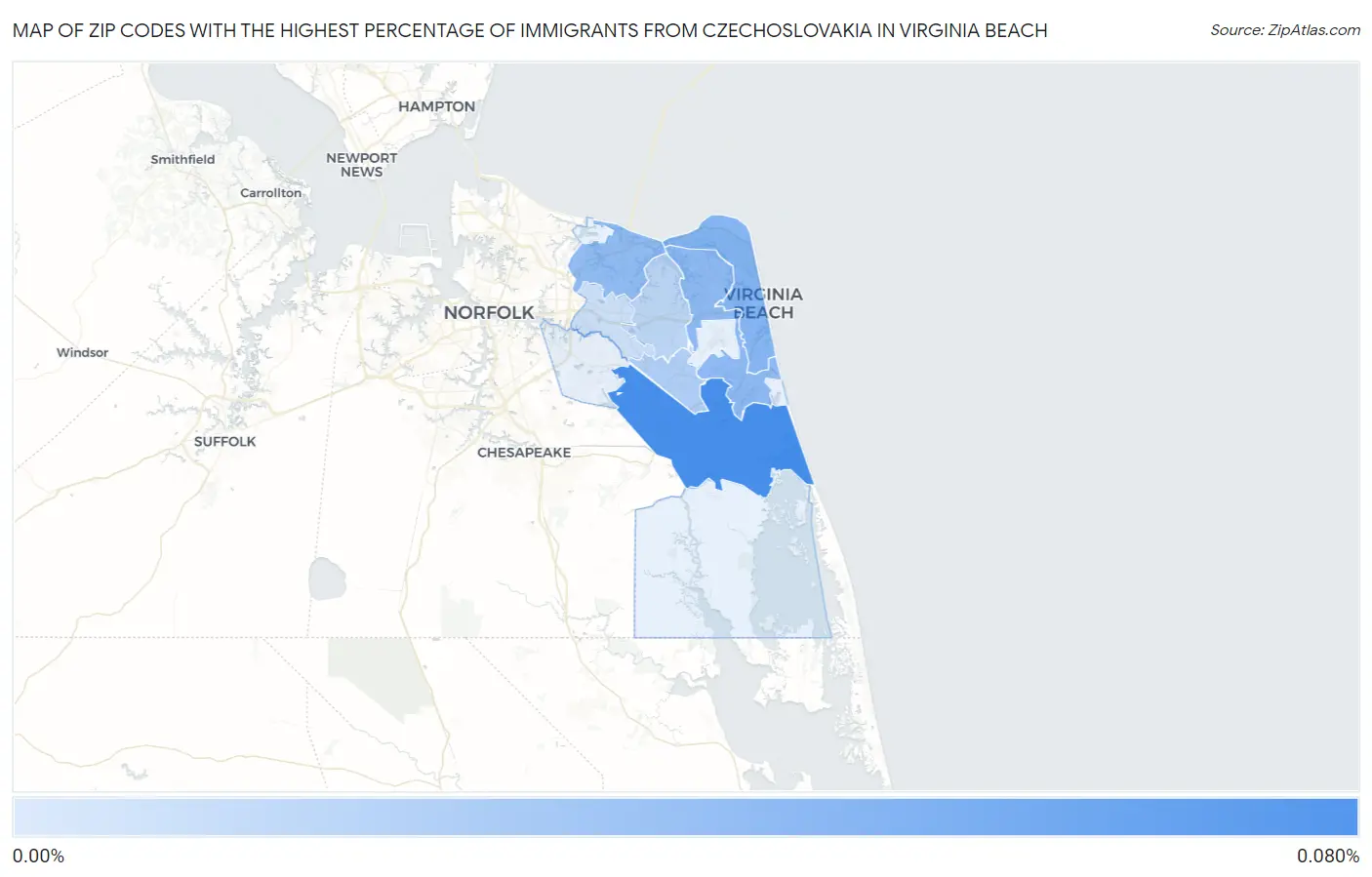 Zip Codes with the Highest Percentage of Immigrants from Czechoslovakia in Virginia Beach Map