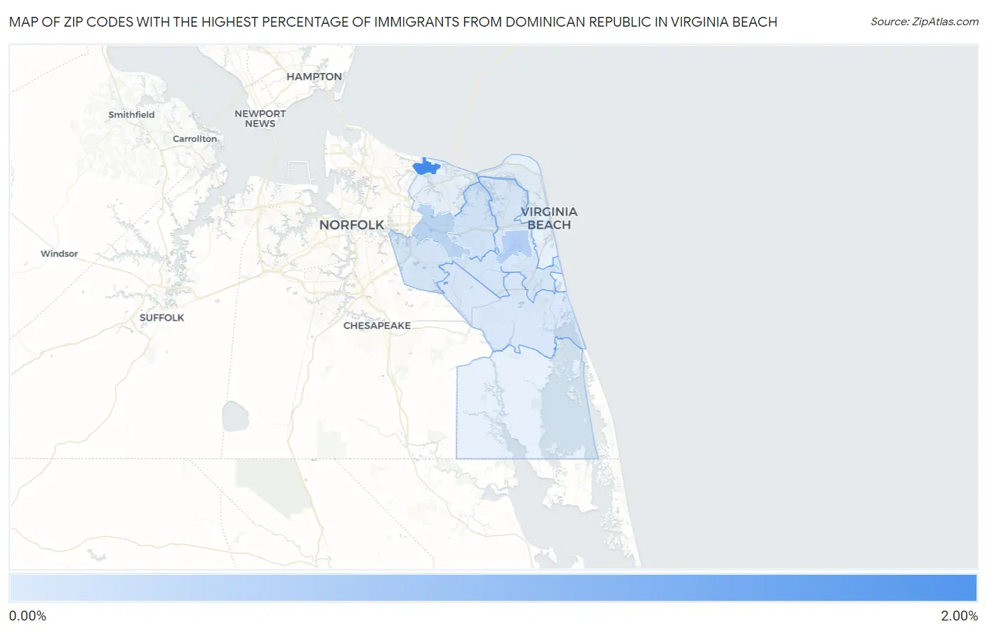 Zip Codes with the Highest Percentage of Immigrants from Dominican Republic in Virginia Beach Map