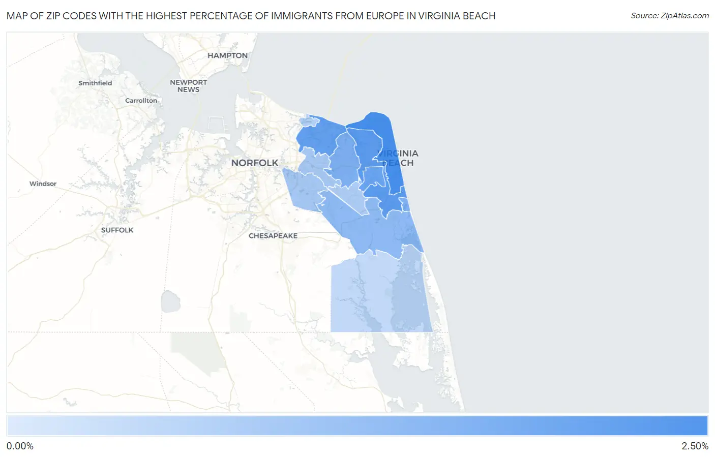Zip Codes with the Highest Percentage of Immigrants from Europe in Virginia Beach Map