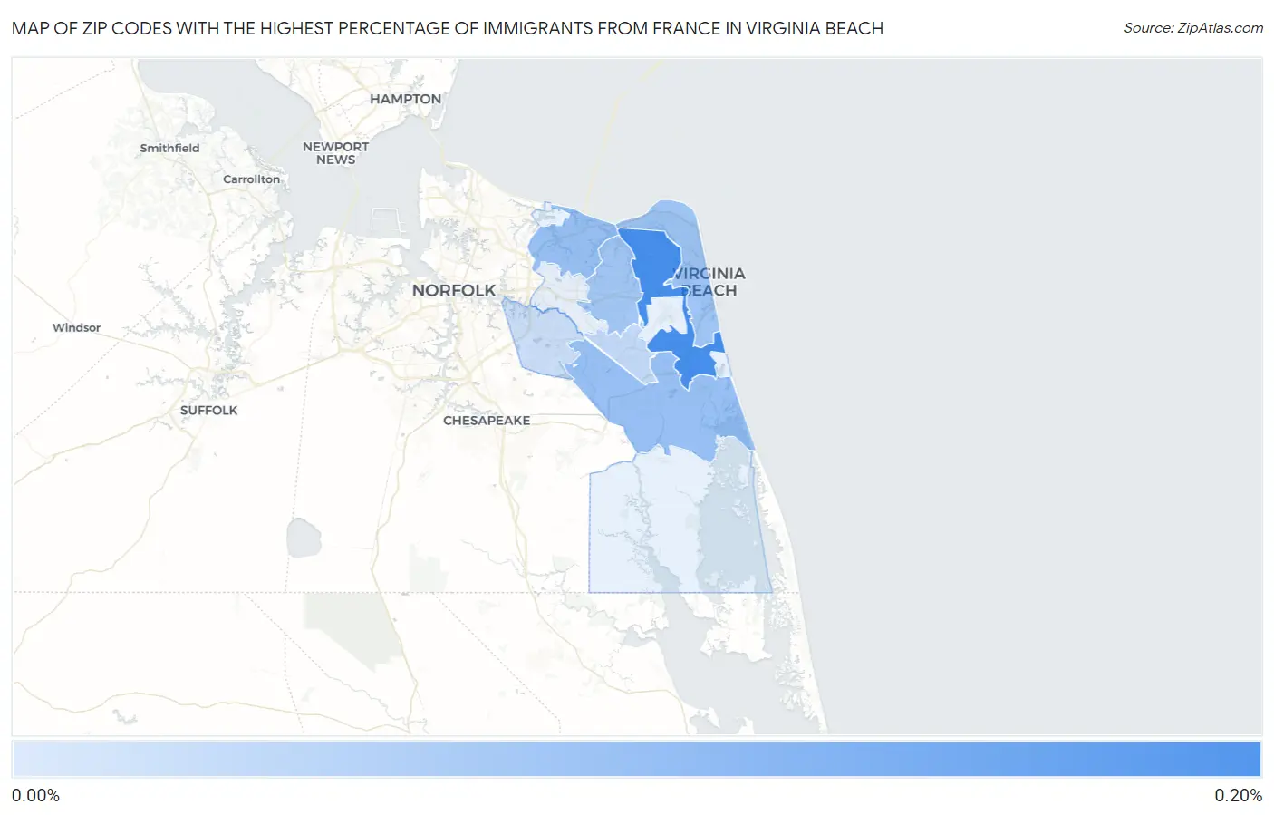 Zip Codes with the Highest Percentage of Immigrants from France in Virginia Beach Map