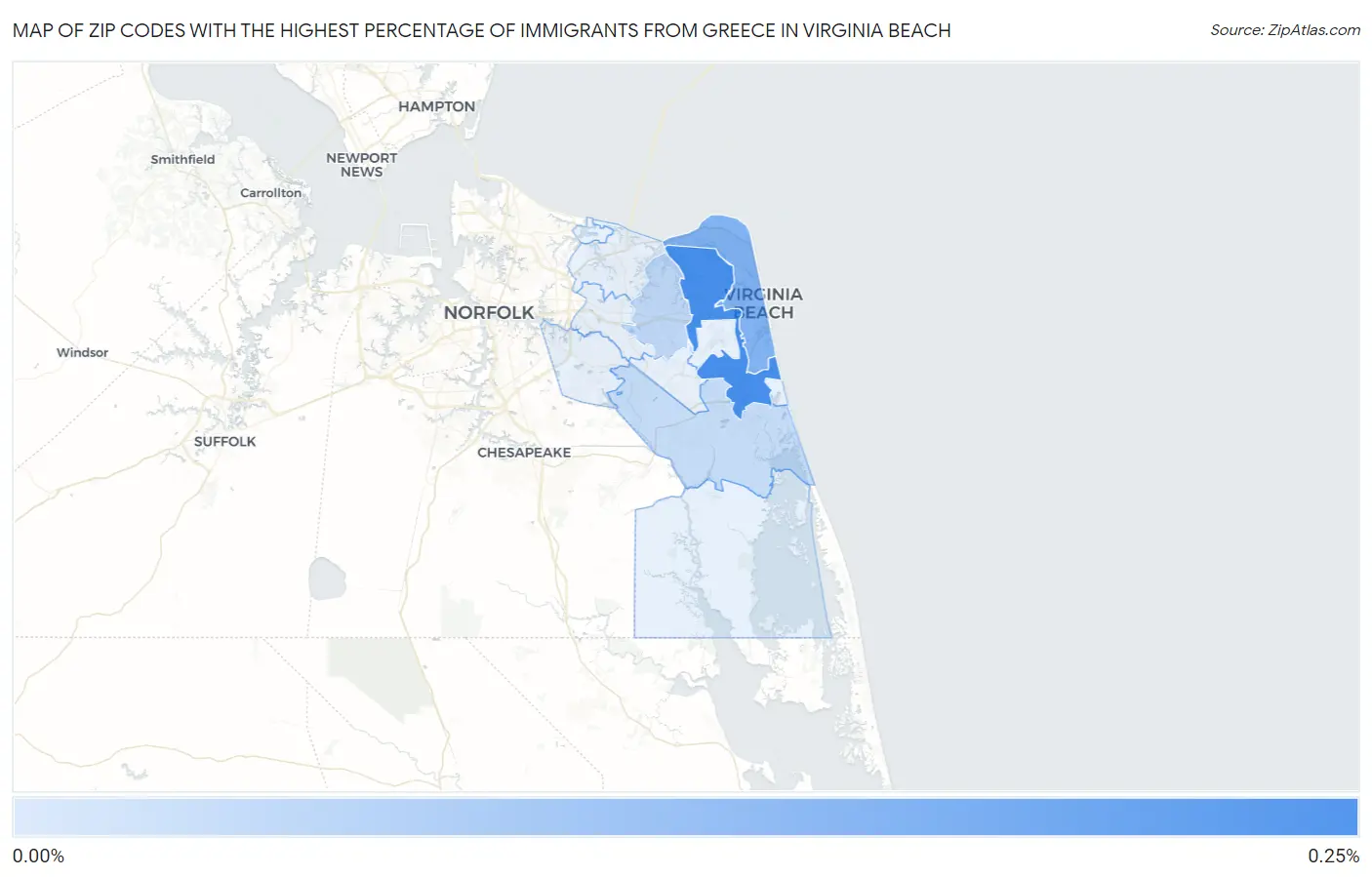 Zip Codes with the Highest Percentage of Immigrants from Greece in Virginia Beach Map
