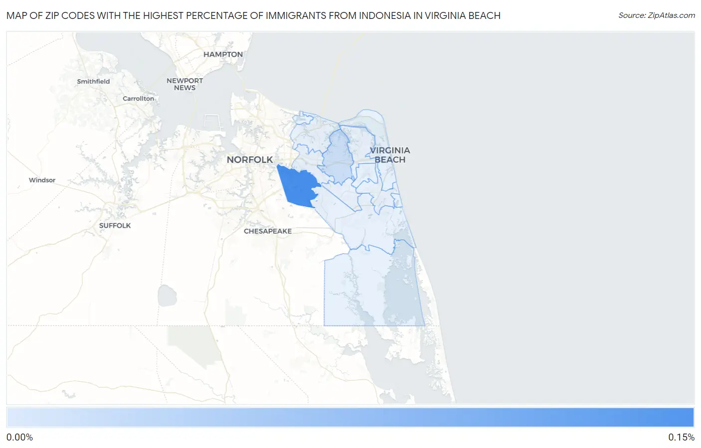 Zip Codes with the Highest Percentage of Immigrants from Indonesia in Virginia Beach Map