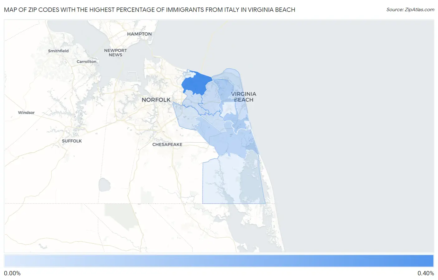 Zip Codes with the Highest Percentage of Immigrants from Italy in Virginia Beach Map