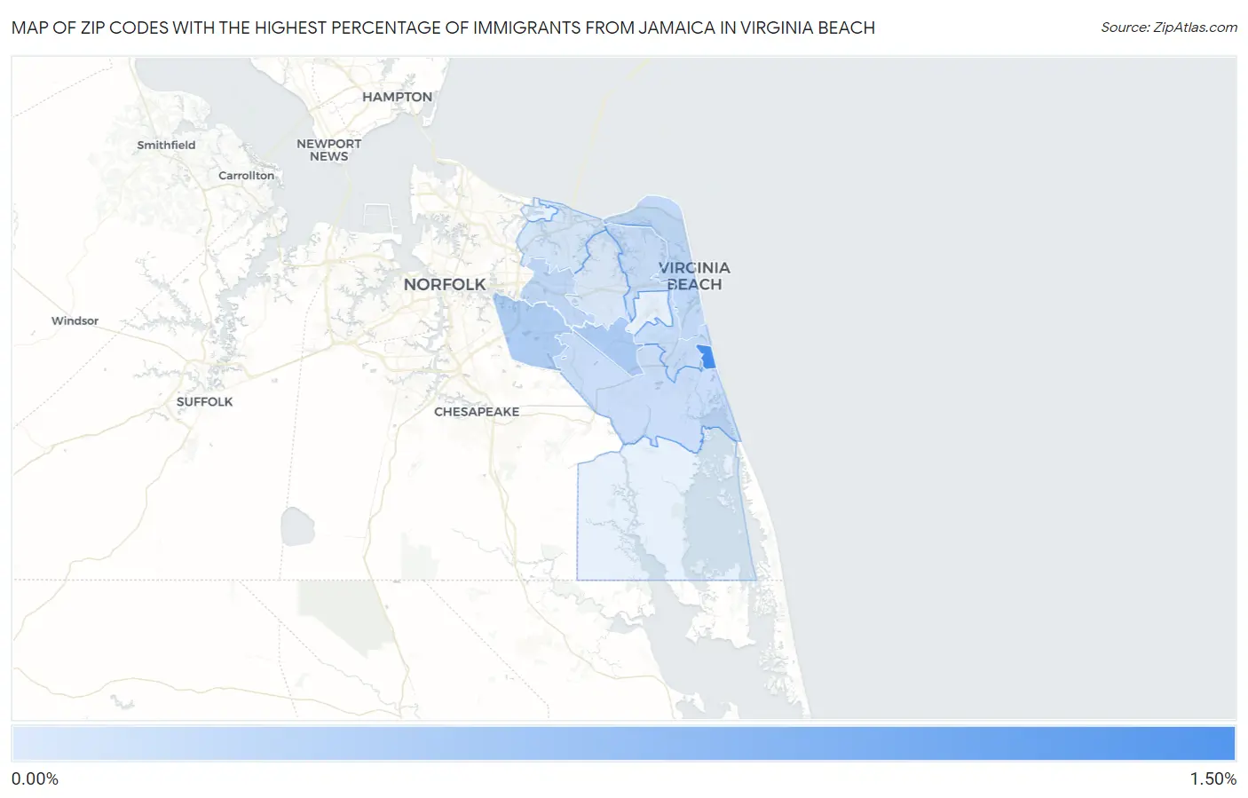 Zip Codes with the Highest Percentage of Immigrants from Jamaica in Virginia Beach Map