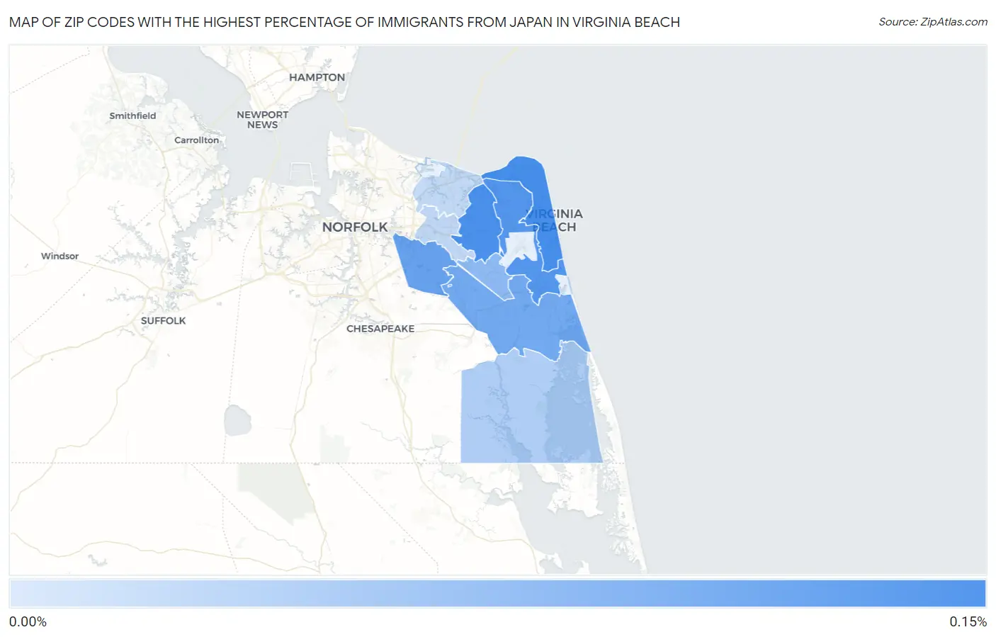 Zip Codes with the Highest Percentage of Immigrants from Japan in Virginia Beach Map