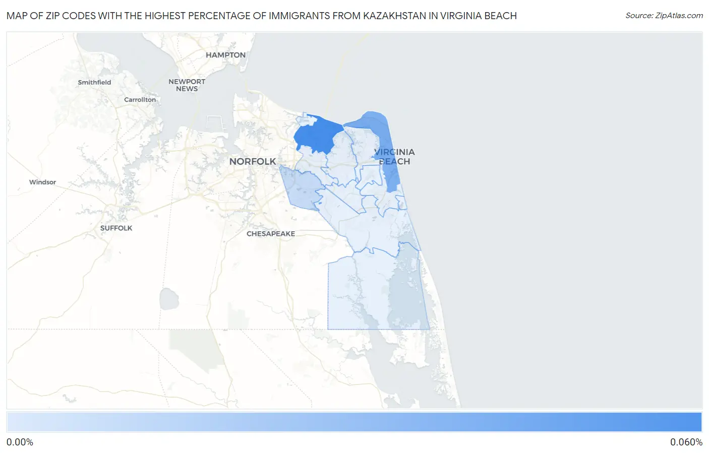 Zip Codes with the Highest Percentage of Immigrants from Kazakhstan in Virginia Beach Map