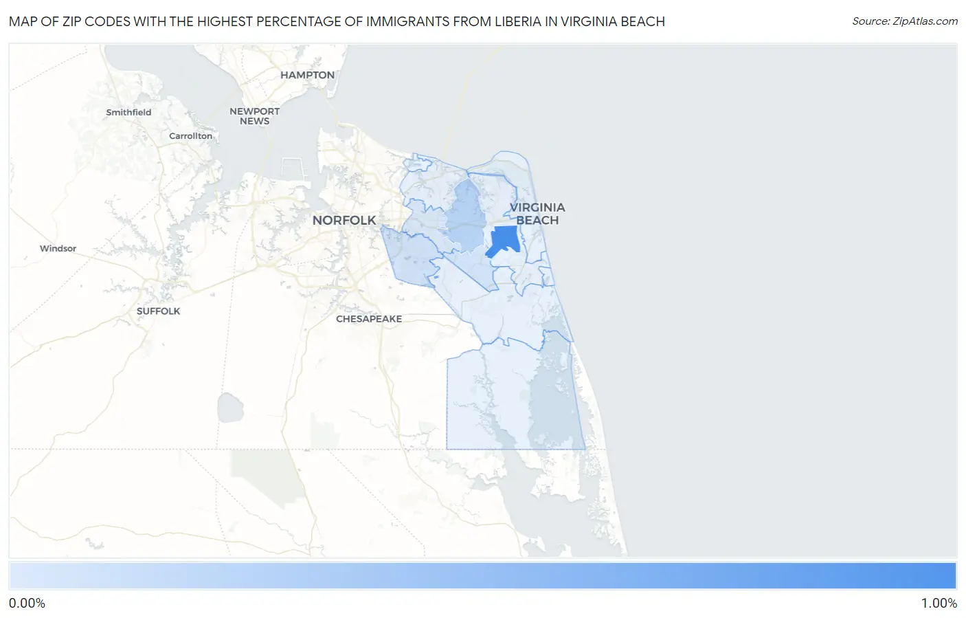 Zip Codes with the Highest Percentage of Immigrants from Liberia in Virginia Beach Map