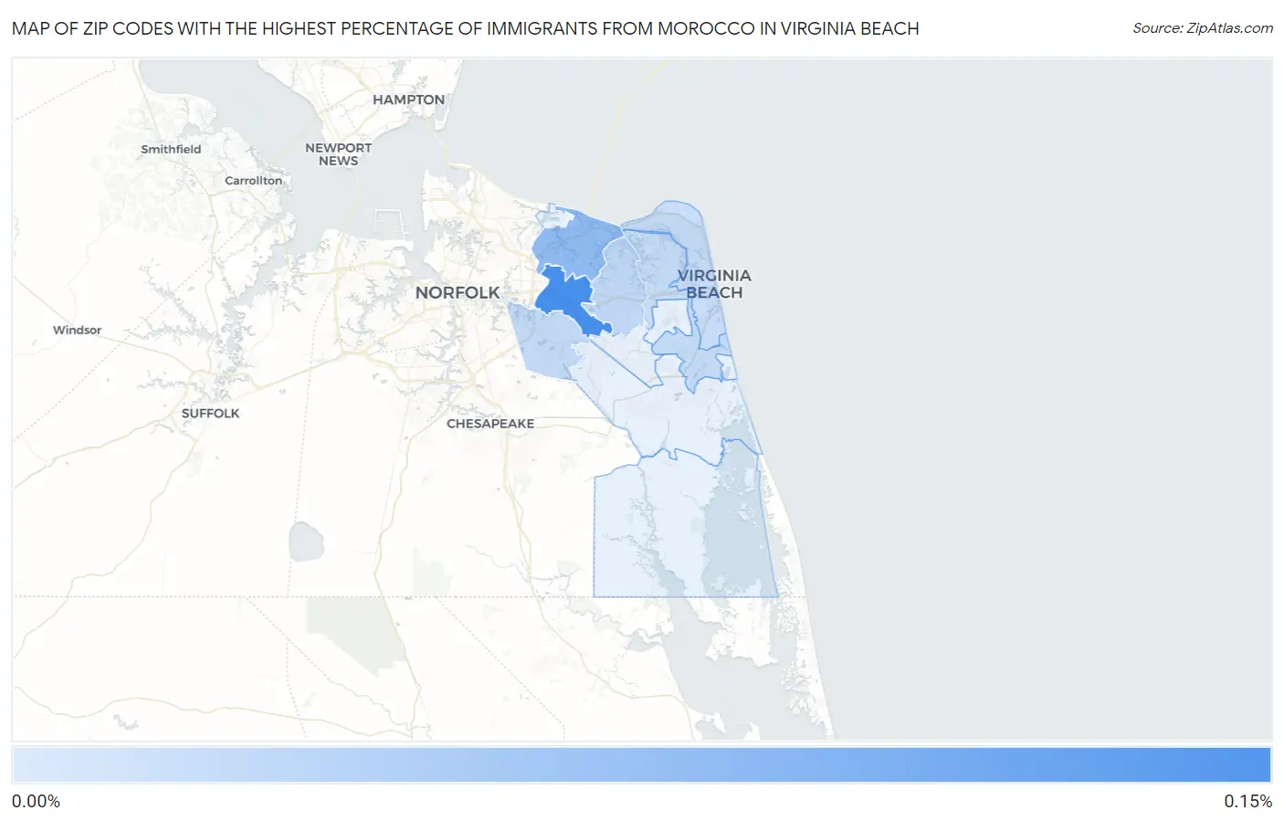 Zip Codes with the Highest Percentage of Immigrants from Morocco in Virginia Beach Map