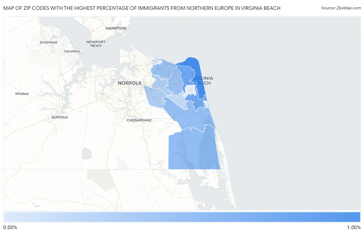 Zip Codes with the Highest Percentage of Immigrants from Northern Europe in Virginia Beach Map