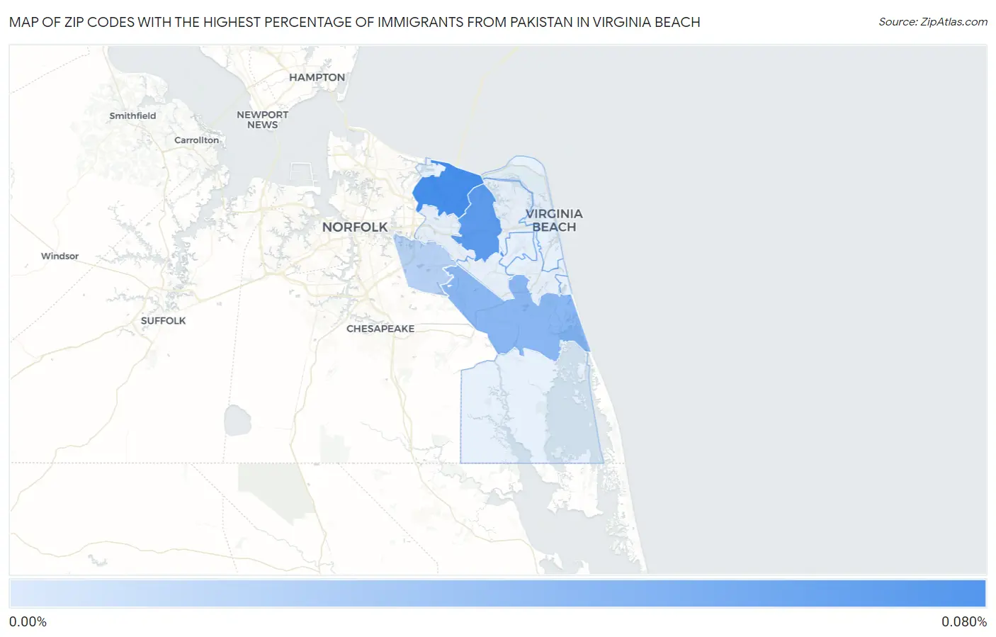 Zip Codes with the Highest Percentage of Immigrants from Pakistan in Virginia Beach Map