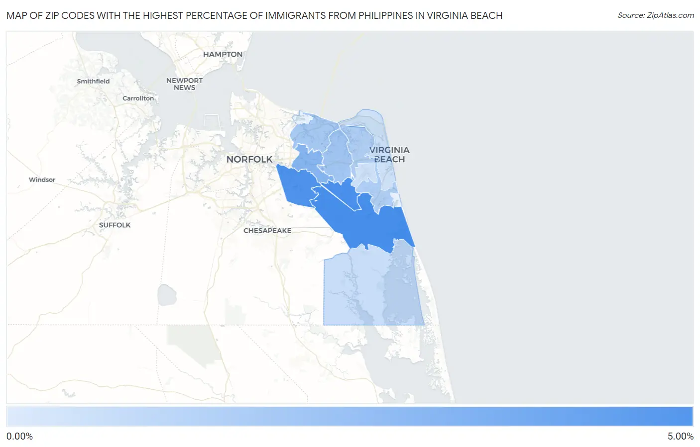 Zip Codes with the Highest Percentage of Immigrants from Philippines in Virginia Beach Map