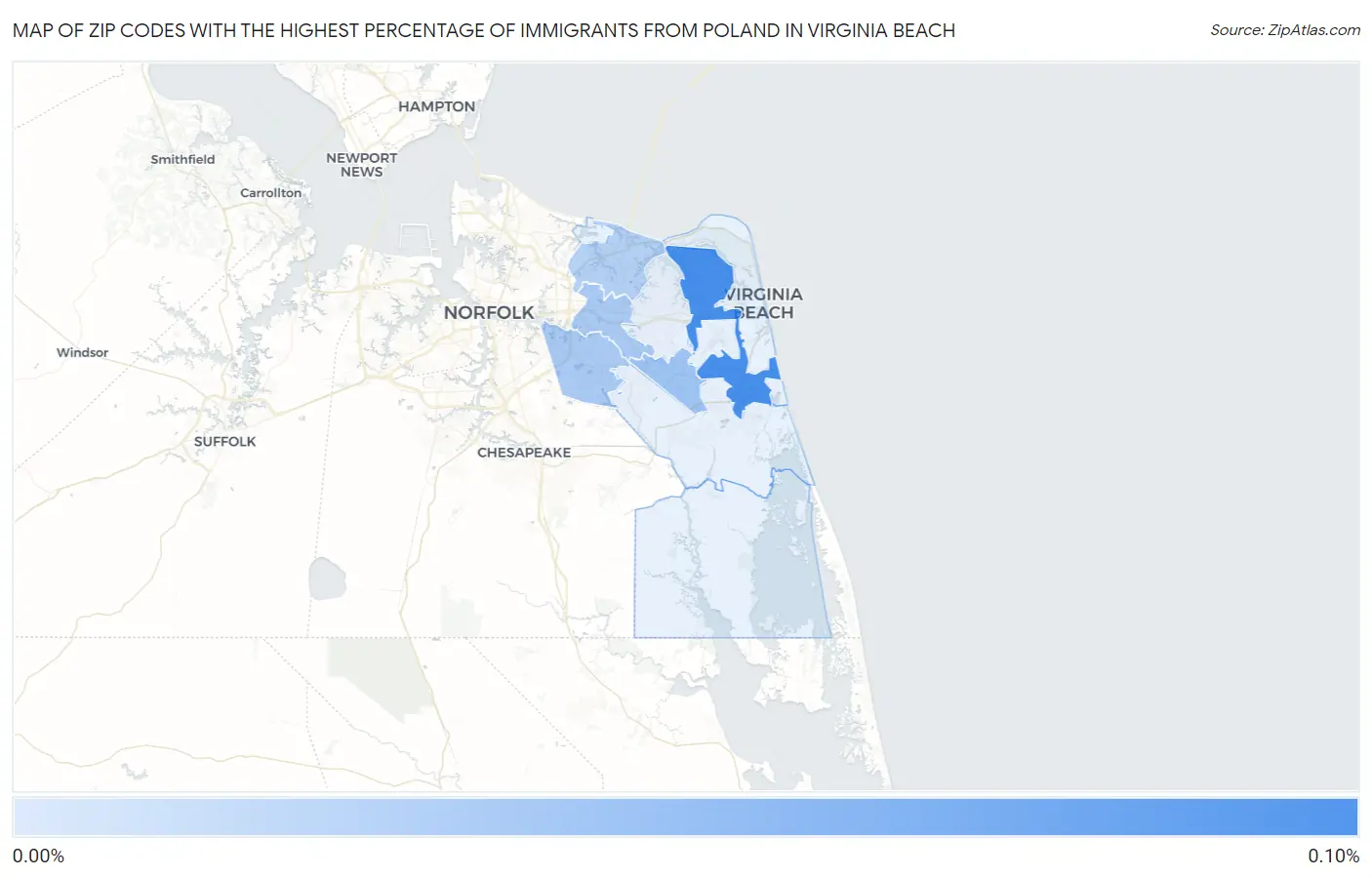 Zip Codes with the Highest Percentage of Immigrants from Poland in Virginia Beach Map