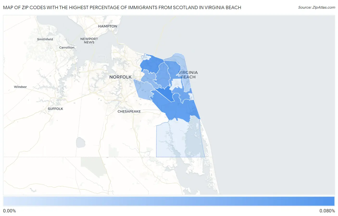 Zip Codes with the Highest Percentage of Immigrants from Scotland in Virginia Beach Map