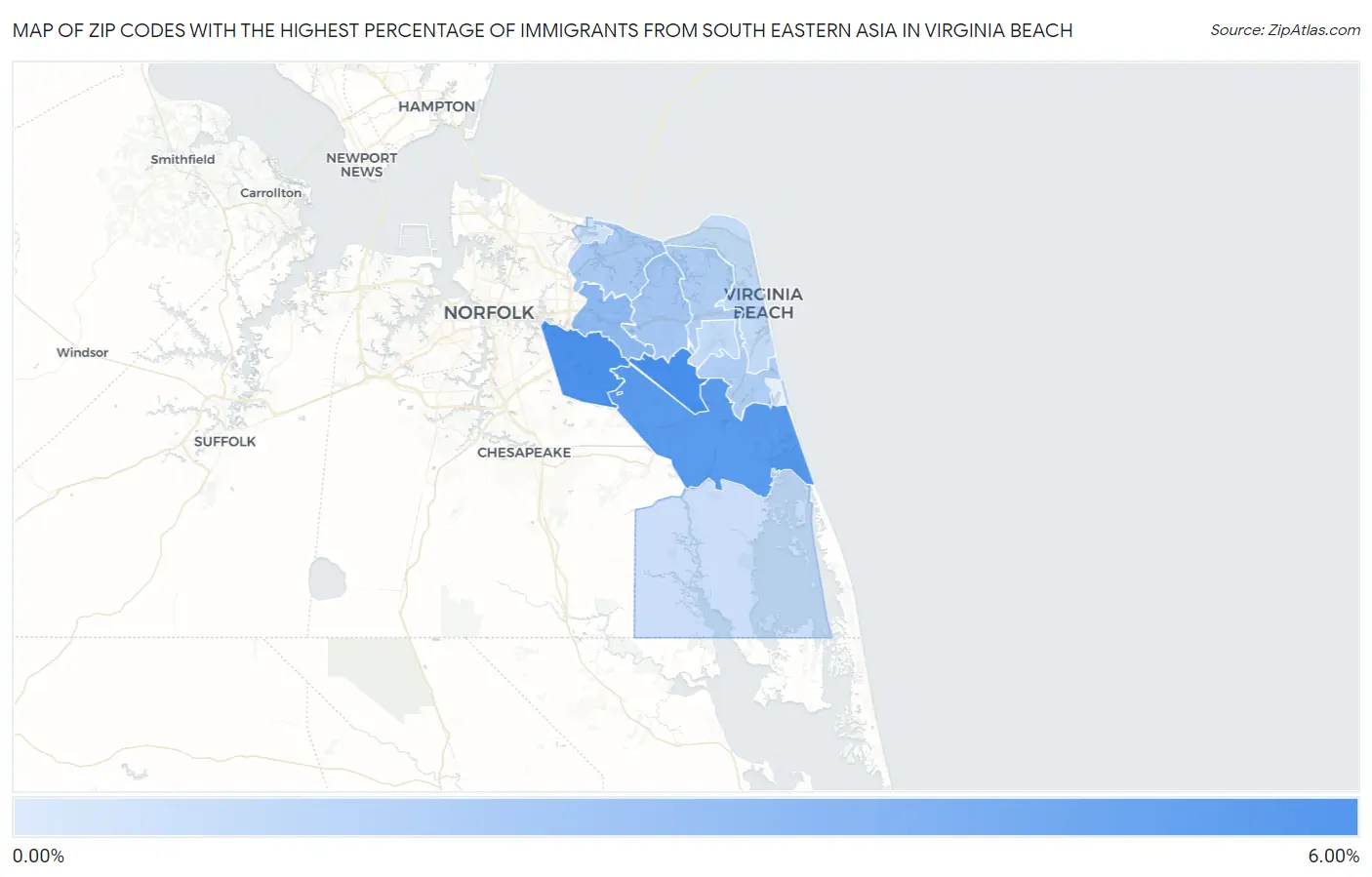 Zip Codes with the Highest Percentage of Immigrants from South Eastern Asia in Virginia Beach Map