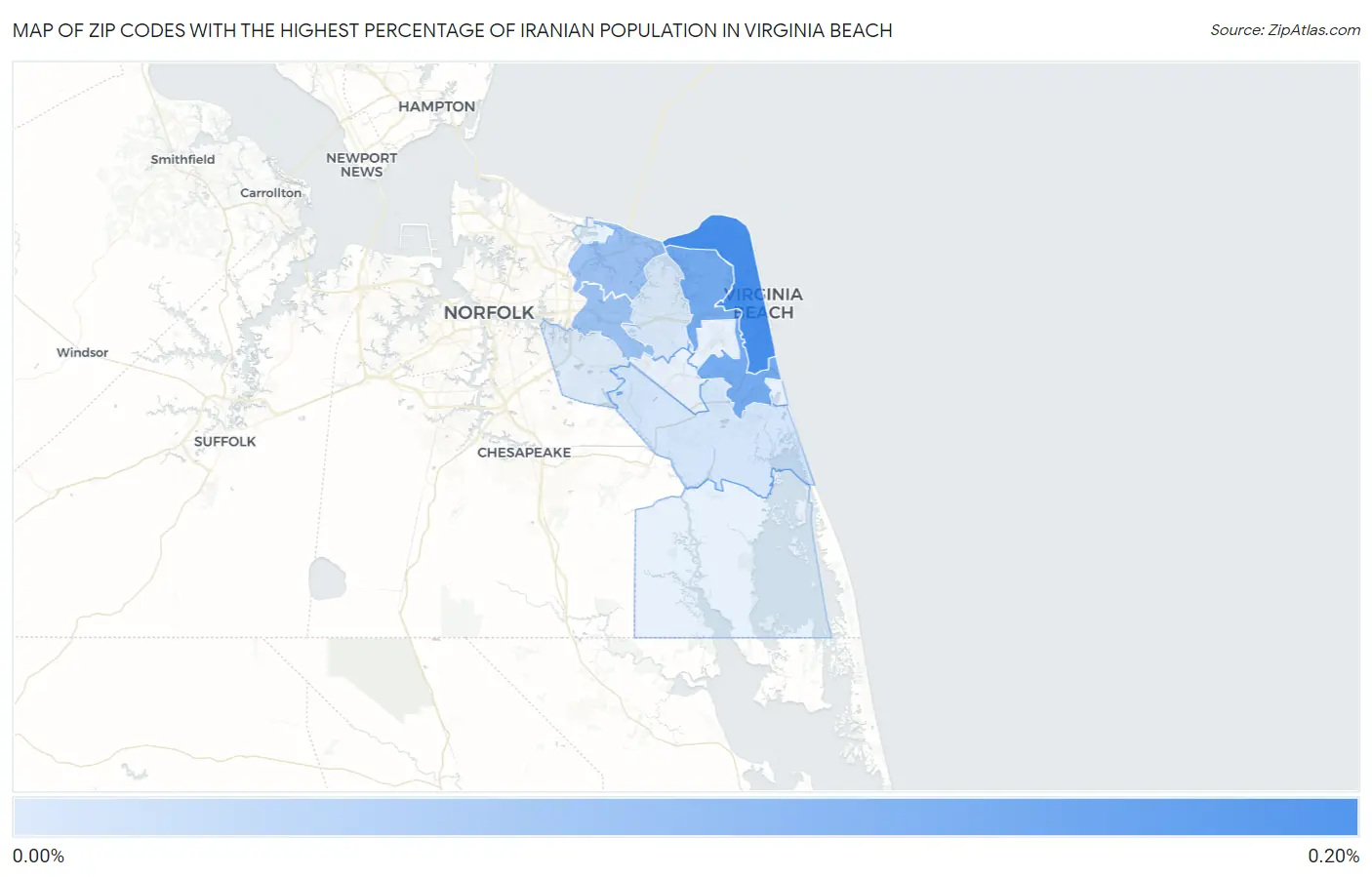Zip Codes with the Highest Percentage of Iranian Population in Virginia Beach Map
