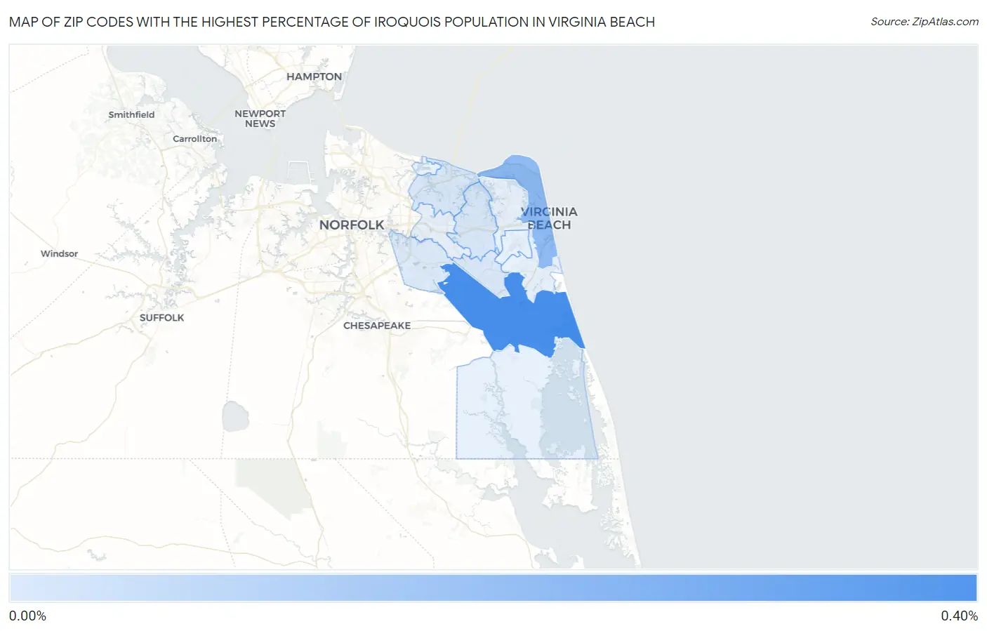 Zip Codes with the Highest Percentage of Iroquois Population in Virginia Beach Map
