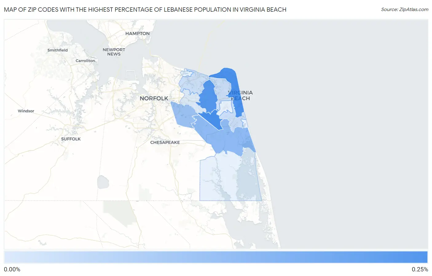 Zip Codes with the Highest Percentage of Lebanese Population in Virginia Beach Map