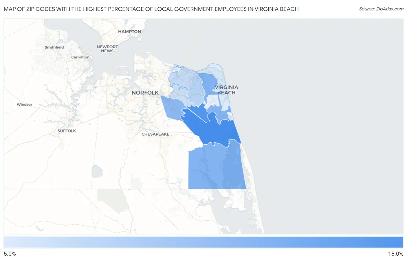 Zip Codes with the Highest Percentage of Local Government Employees in Virginia Beach Map