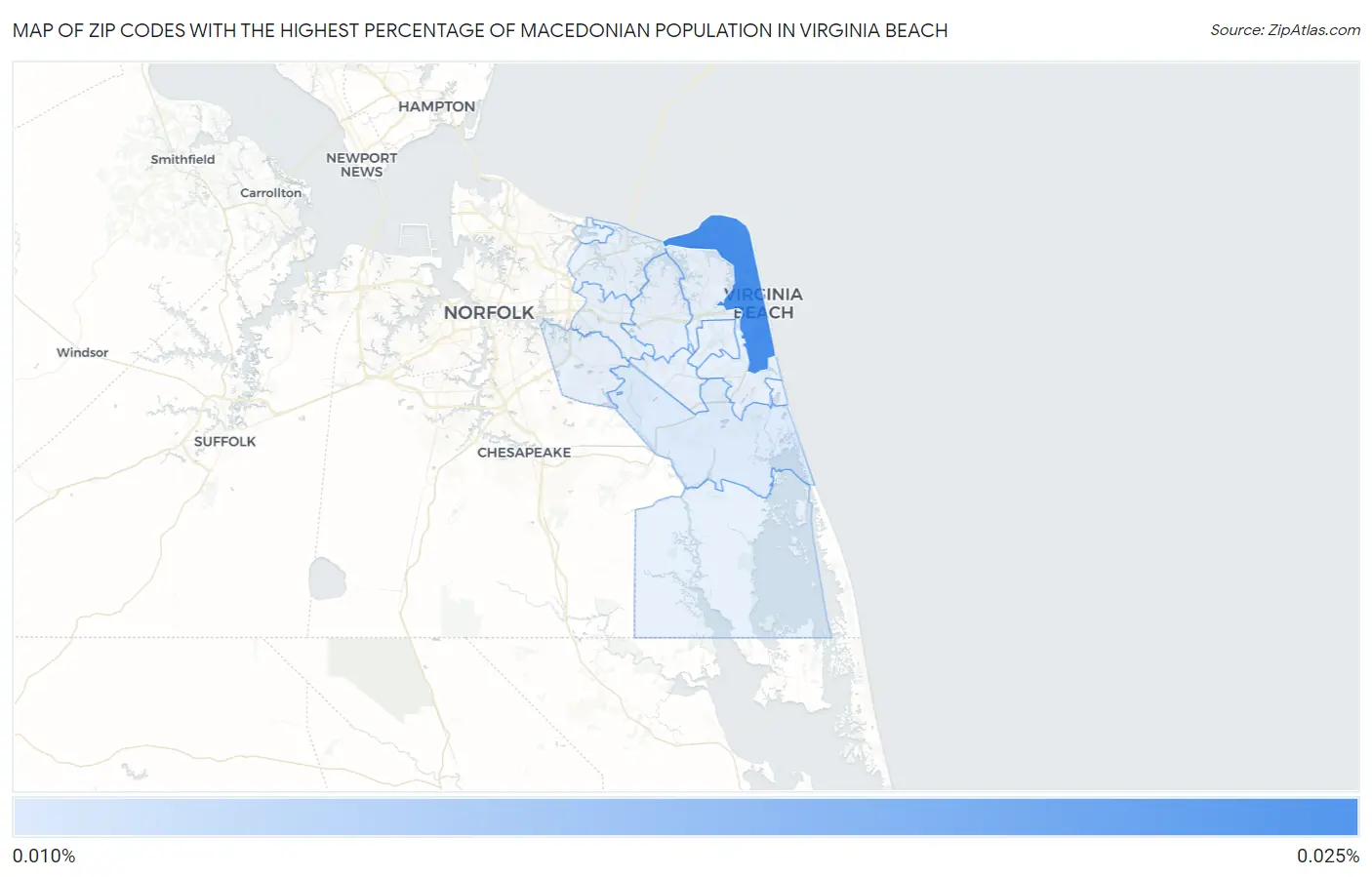 Zip Codes with the Highest Percentage of Macedonian Population in Virginia Beach Map