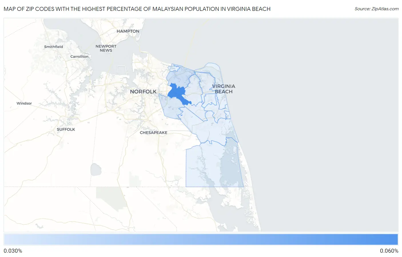 Zip Codes with the Highest Percentage of Malaysian Population in Virginia Beach Map