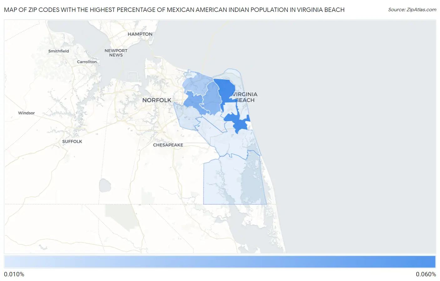 Zip Codes with the Highest Percentage of Mexican American Indian Population in Virginia Beach Map