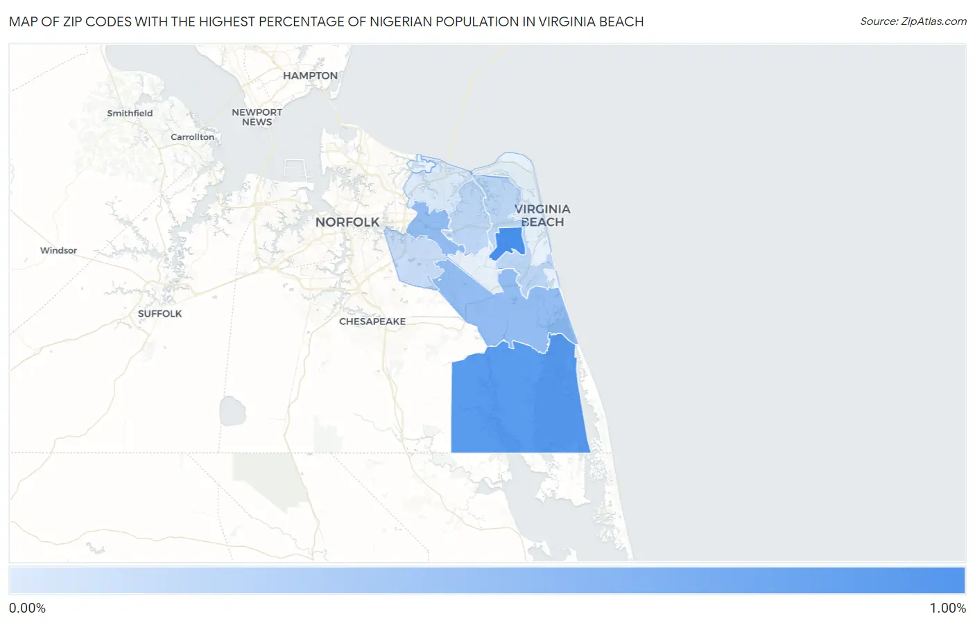 Zip Codes with the Highest Percentage of Nigerian Population in Virginia Beach Map