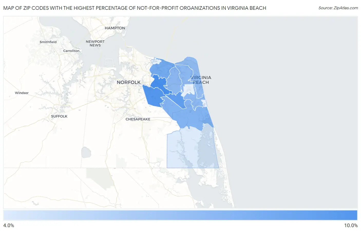 Zip Codes with the Highest Percentage of Not-for-profit Organizations in Virginia Beach Map