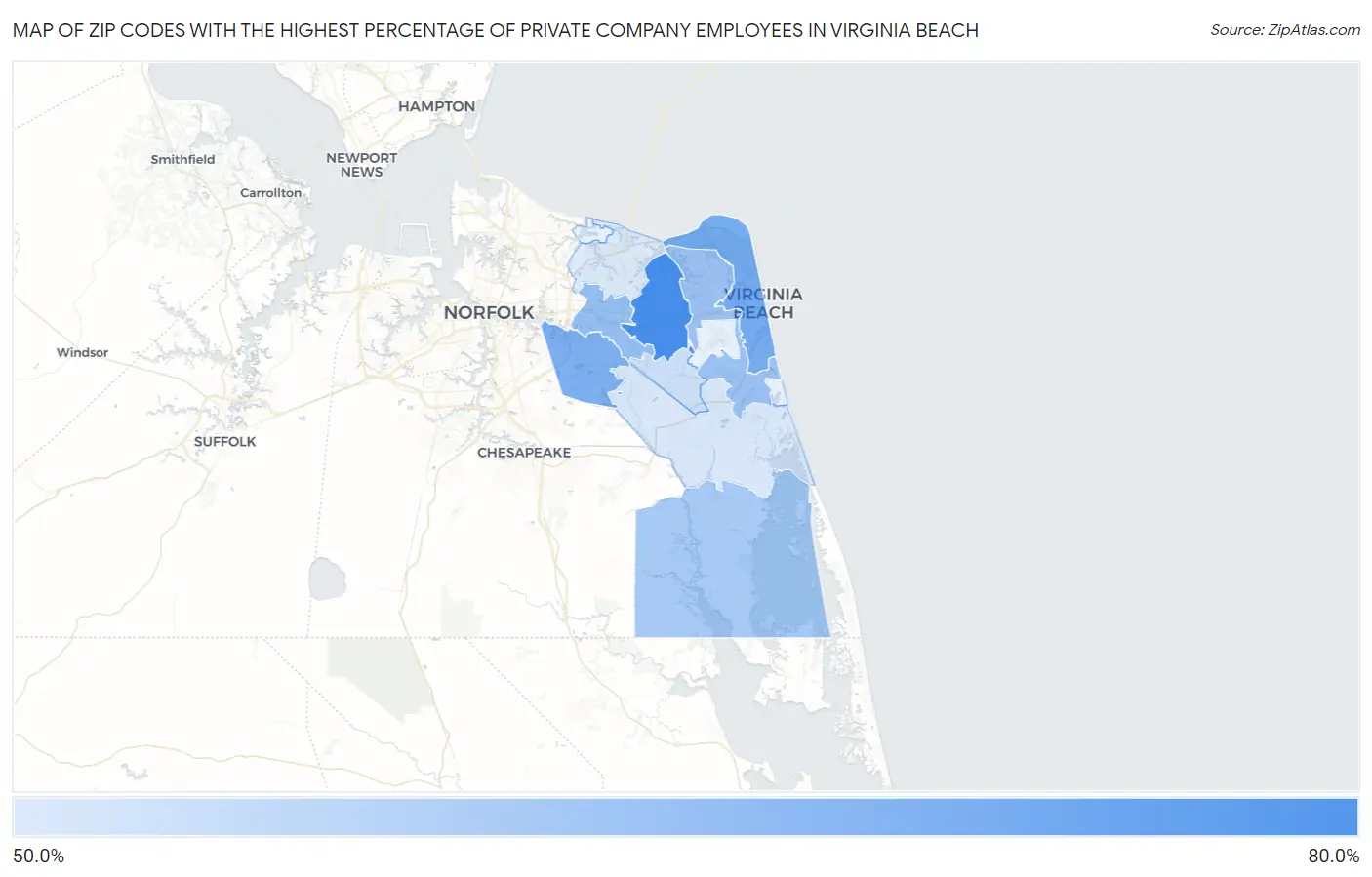 Zip Codes with the Highest Percentage of Private Company Employees in Virginia Beach Map