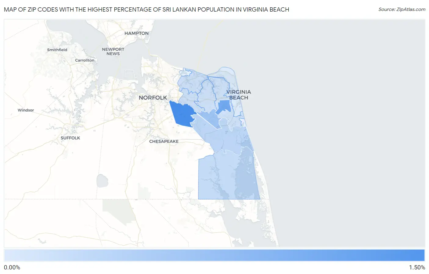 Zip Codes with the Highest Percentage of Sri Lankan Population in Virginia Beach Map