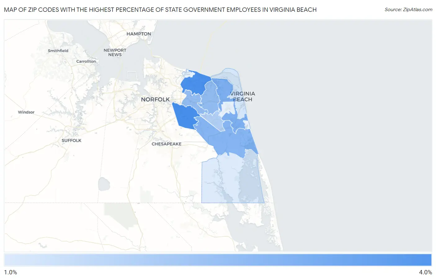 Zip Codes with the Highest Percentage of State Government Employees in Virginia Beach Map
