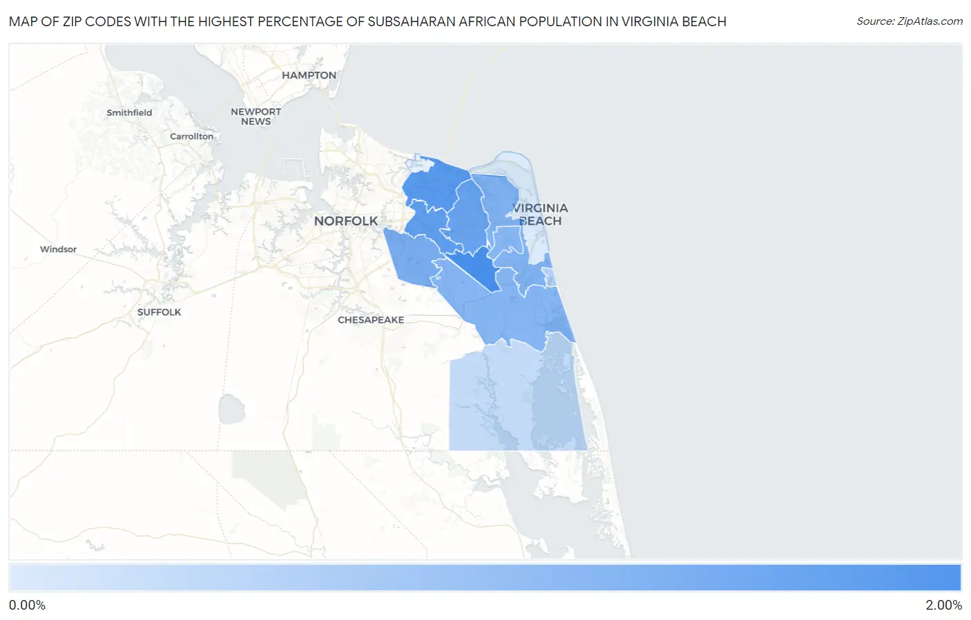 Zip Codes with the Highest Percentage of Subsaharan African Population in Virginia Beach Map