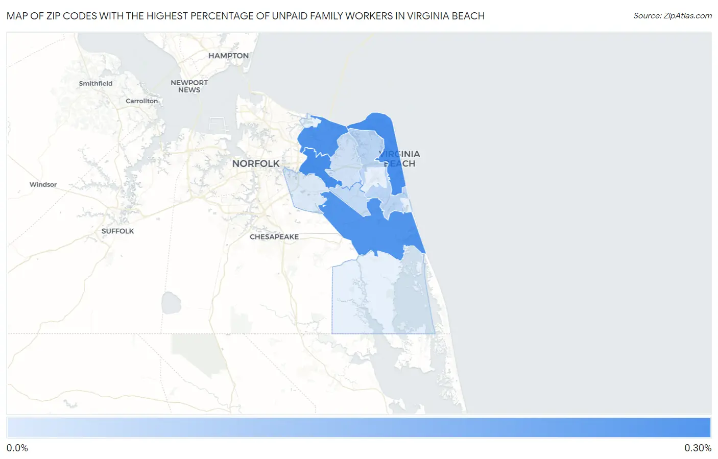 Zip Codes with the Highest Percentage of Unpaid Family Workers in Virginia Beach Map
